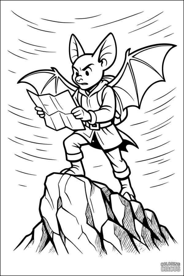 Coloring page of a cartoon bat holding a map while standing on a rocky cliff, wind lines in the background