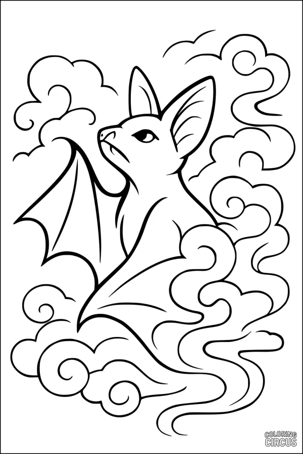 Coloring page showing a detailed bat flying among swirling clouds