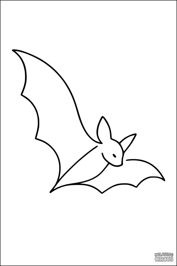 Coloring page with a simple cartoon bat flying with open wings