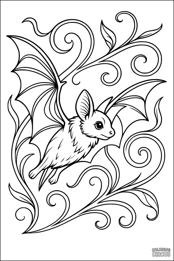Coloring page featuring a cute bat flying among swirling vines and leaves