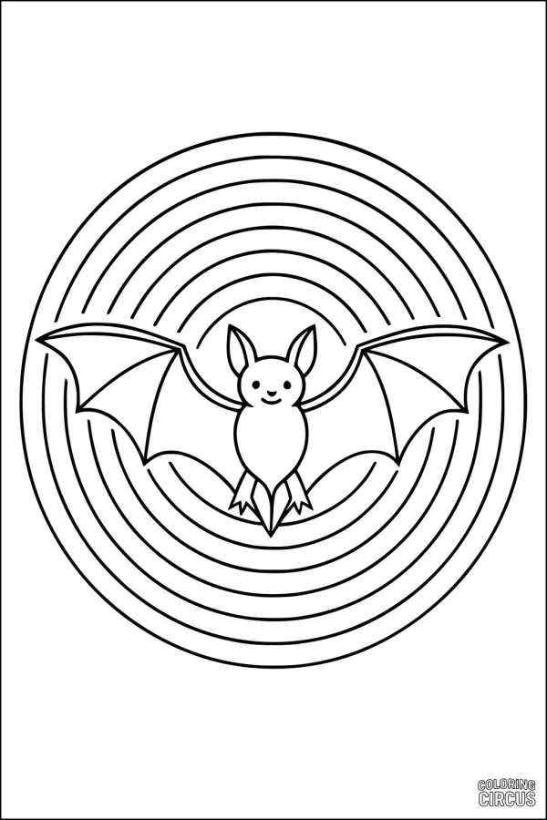 Coloring page of a cute bat surrounded by concentric ring patterns, suitable for young children.