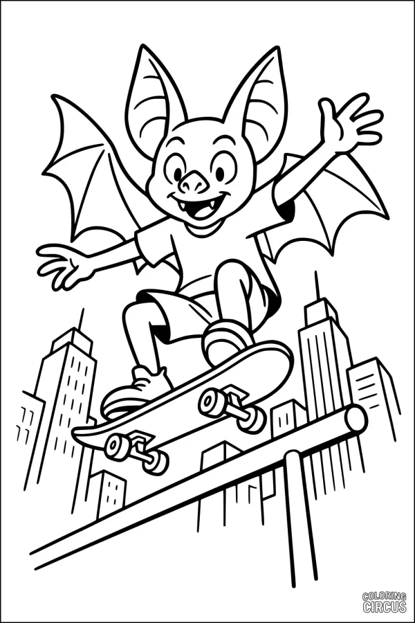 Coloring page featuring a cartoon bat skateboarding in a cityscape with tall buildings and a rail.