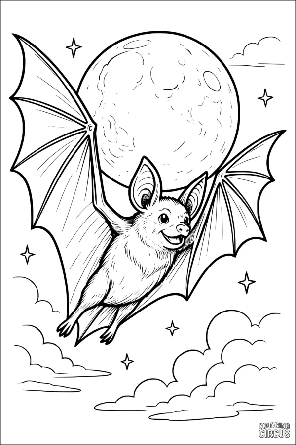 Coloring page featuring a smiling bat flying under a large moon with stars and clouds