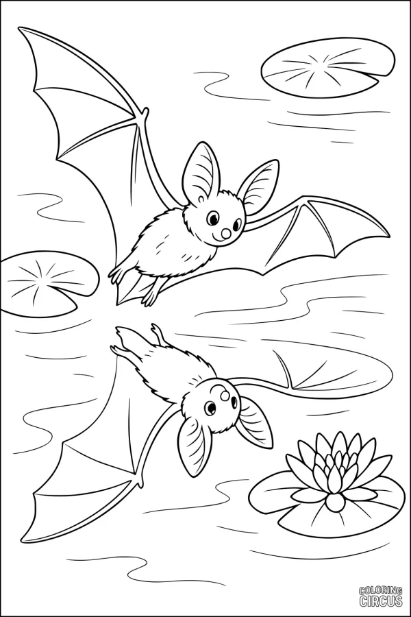 Coloring page with two cute bats flying over a lily pond with blooming lilies and lily pads