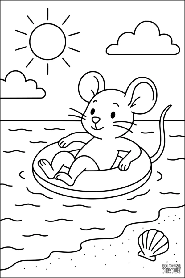Coloring page of a cute mouse relaxing on a float in the ocean with sun, clouds, and a seashell on the beach