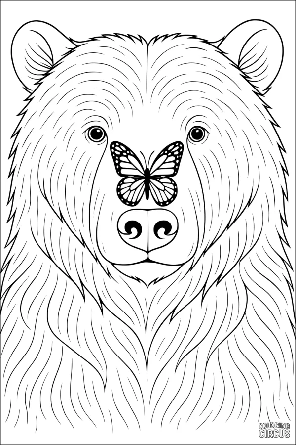 Coloring page of a bear face with a butterfly perched on its nose, detailed fur and gentle expression