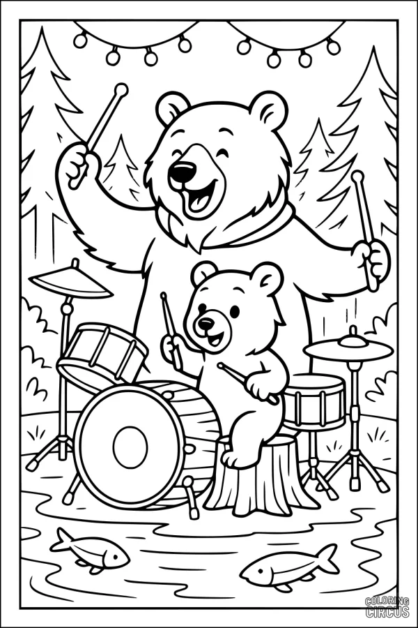 Coloring page of two cartoon bears playing drums in a forest surrounded by trees and fish