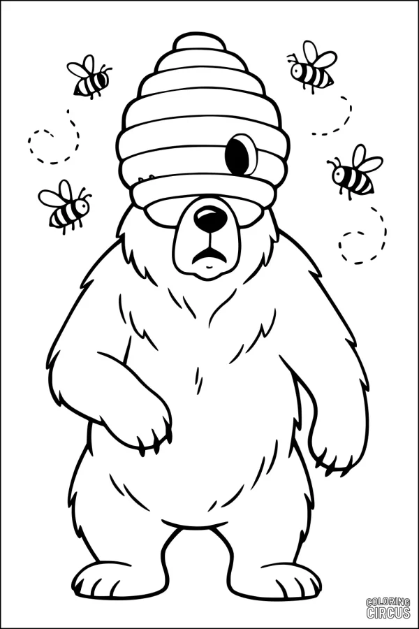 Coloring page of a cartoon bear with a beehive on its head and three buzzing bees