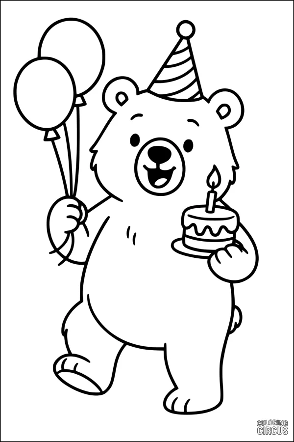 Coloring page with a cute bear wearing a party hat, holding balloons and a cake with a candle.