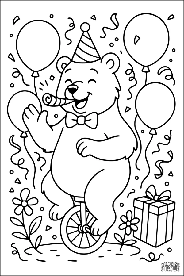 Coloring page of a happy bear with party hat on a unicycle surrounded by balloons, confetti, flowers, and a present