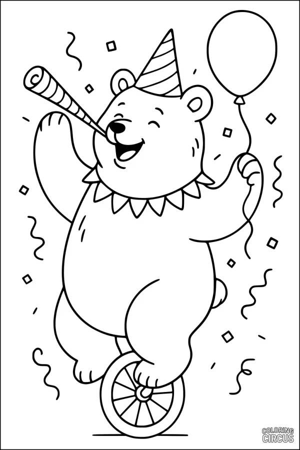 Coloring page of a cute bear in a party hat riding a unicycle, holding a balloon, with confetti decorations