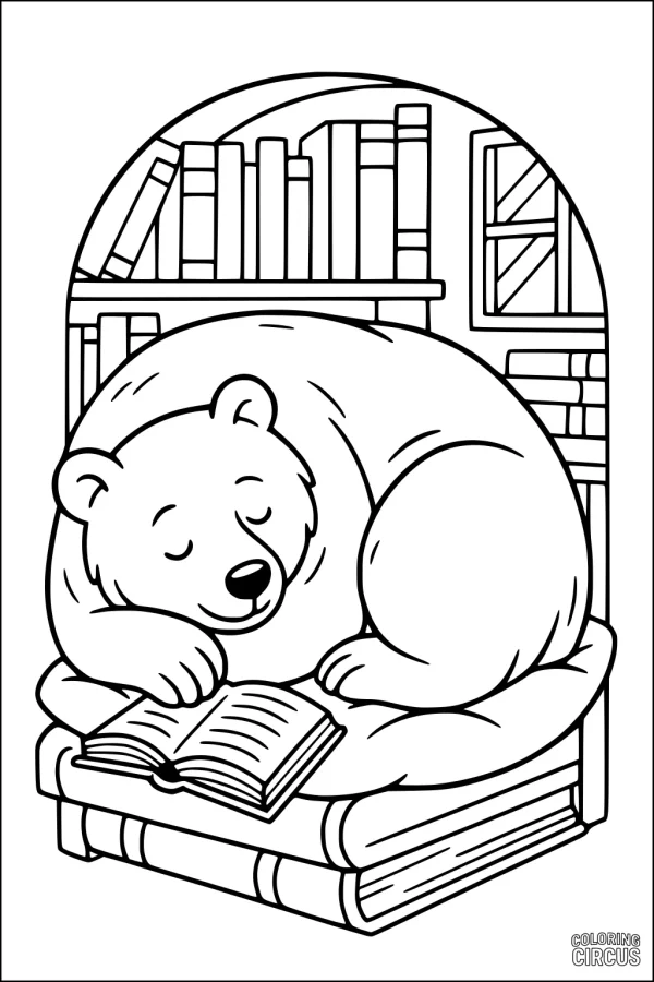 Coloring page of a cute bear reading a book in a cozy library scene