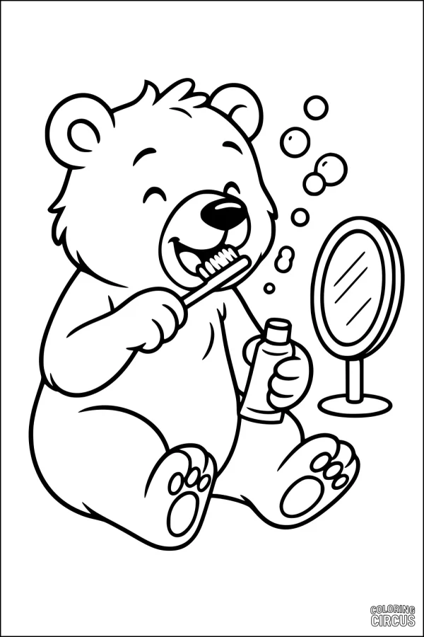 Coloring page of a happy cartoon bear brushing its teeth with bubbles and a mirror