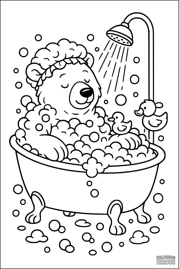 Coloring page of a cartoon bear taking a bubbly bath with rubber duckies under a shower