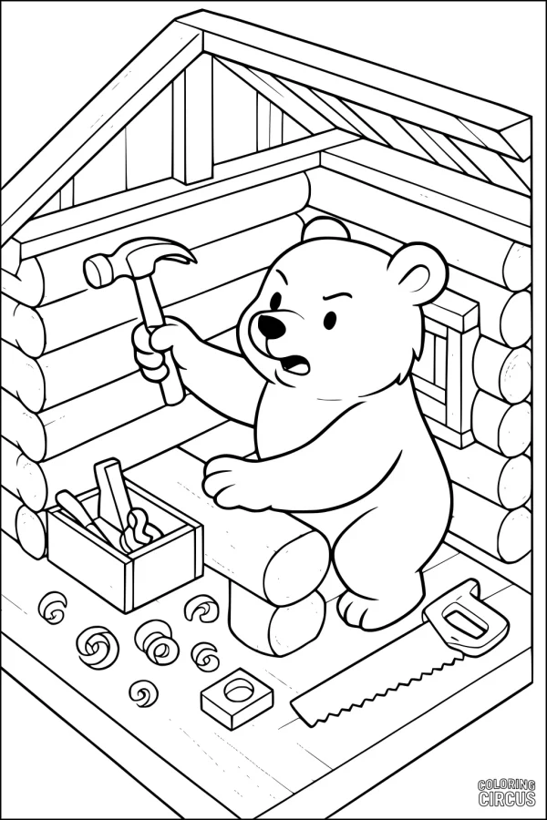 Coloring page of a cartoon bear building a wooden cabin with tools