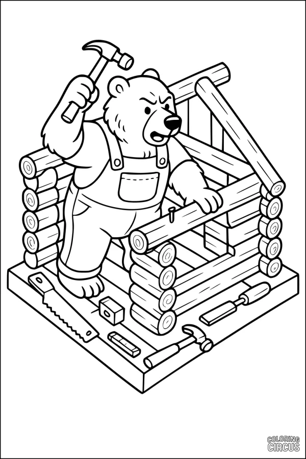 Coloring page of a bear in overalls building a log cabin with tools around