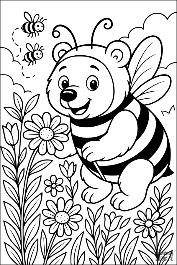 Coloring page featuring a cute bear dressed as a bee in a flower meadow with buzzing bees