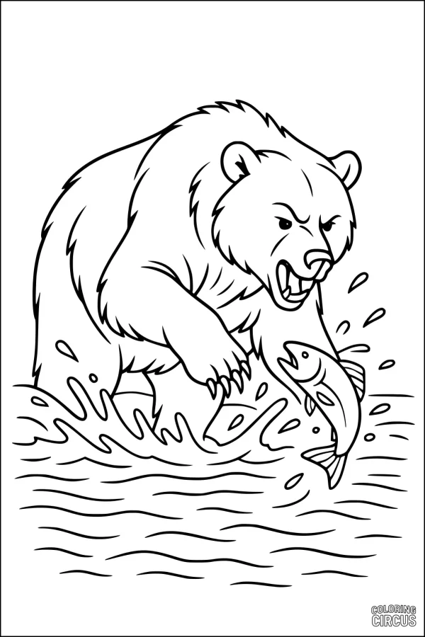 Coloring page featuring a bear catching a fish in a river, with splashing water around.