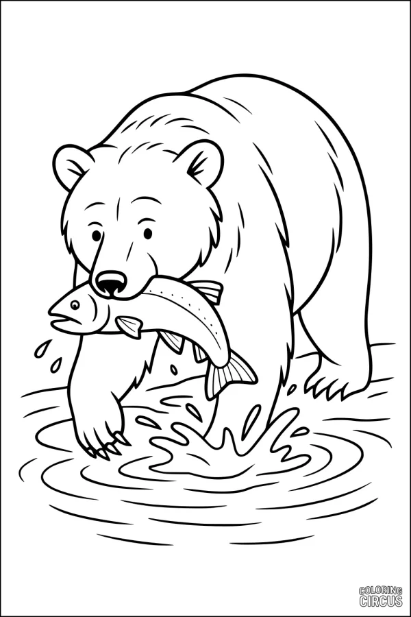 Coloring page of a bear catching a fish in a river, with water splashing around.
