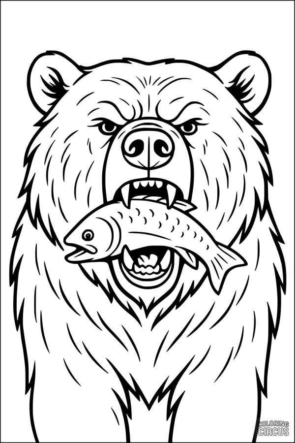Coloring page of a bear holding a fish in its mouth, detailed forest animal illustration for kids