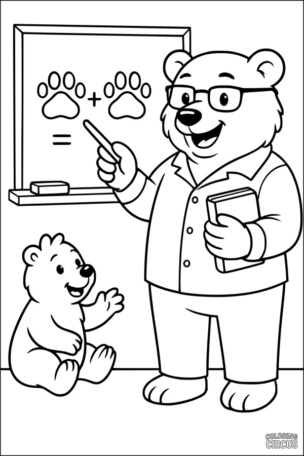 Coloring page with cartoon bears in a classroom, papa bear teaching math to a cub