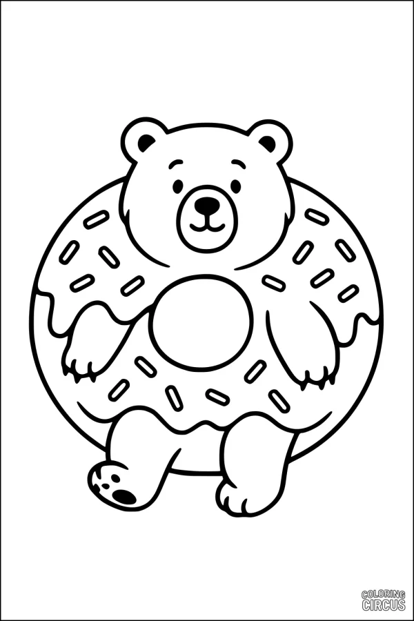 Coloring page of a cute bear sitting inside a sprinkled donut, perfect for young children and preschoolers.