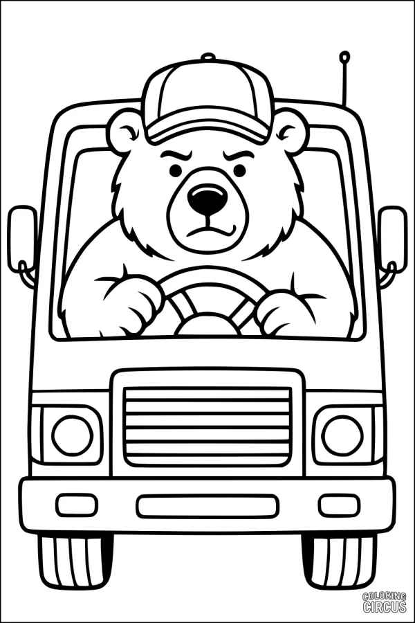 Coloring page of a cartoon bear wearing a cap and driving a large truck, viewed from the front.