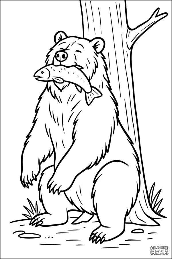 Coloring page of a bear eating a fish by a tree with grassy ground