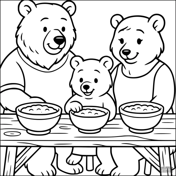 Coloring page showing a smiling bear family eating breakfast together