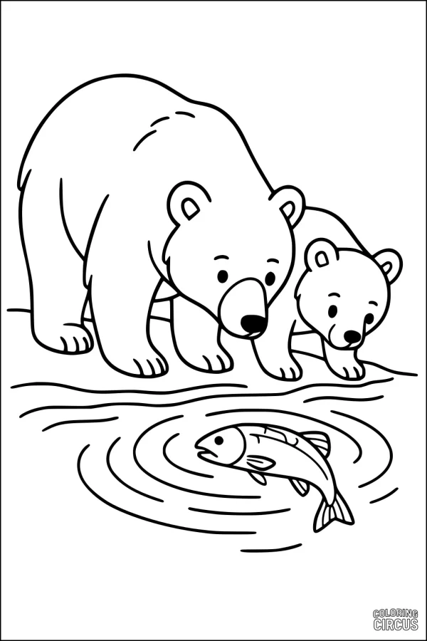 Coloring page with cute mother bear and cub looking at a fish in a river