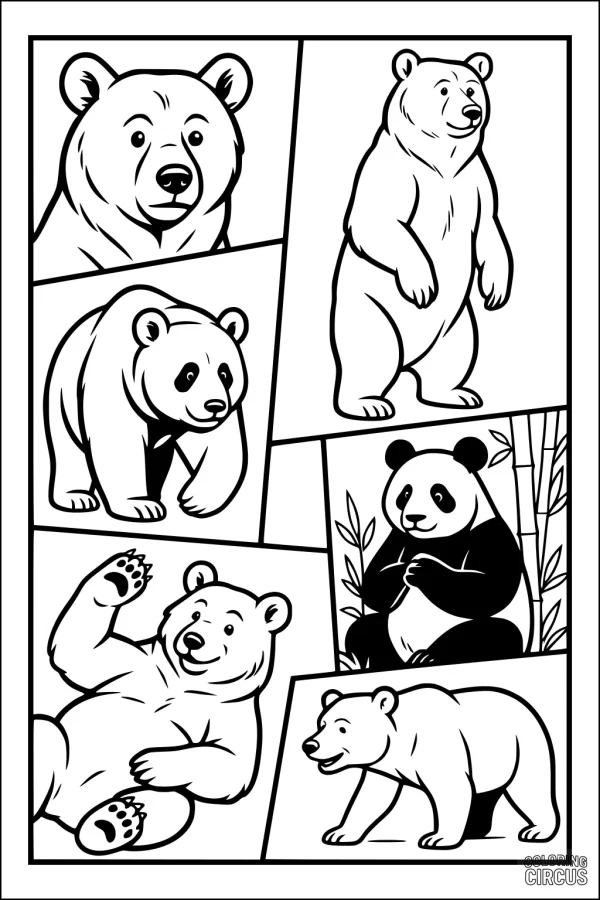 Coloring page with cartoon bear family including brown bears, a panda, and playful bear cubs