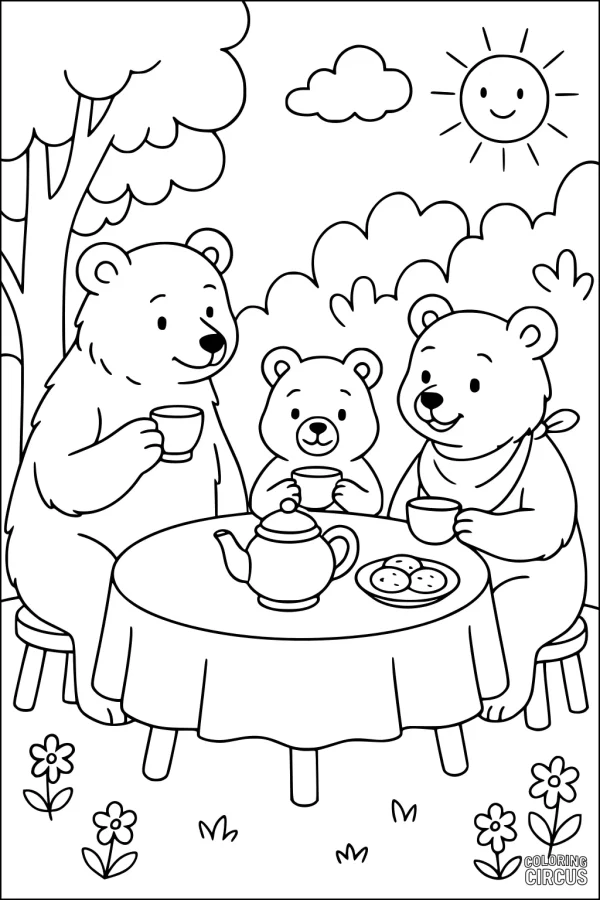 Coloring page with a bear family having tea outdoors