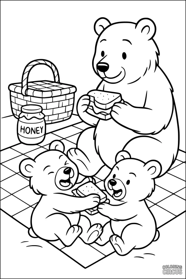 Coloring page showing a bear family enjoying a picnic with sandwiches and a honey jar