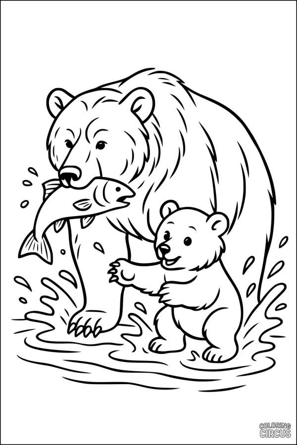 Coloring page two bears by river with fish