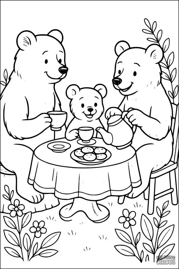 Coloring page bear family having tea with cookies in a flower-filled garden