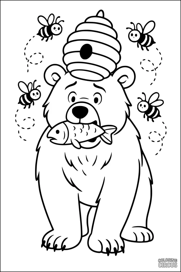 Coloring page of a cartoon bear holding a fish, bees buzzing around, and a beehive on the bear's head
