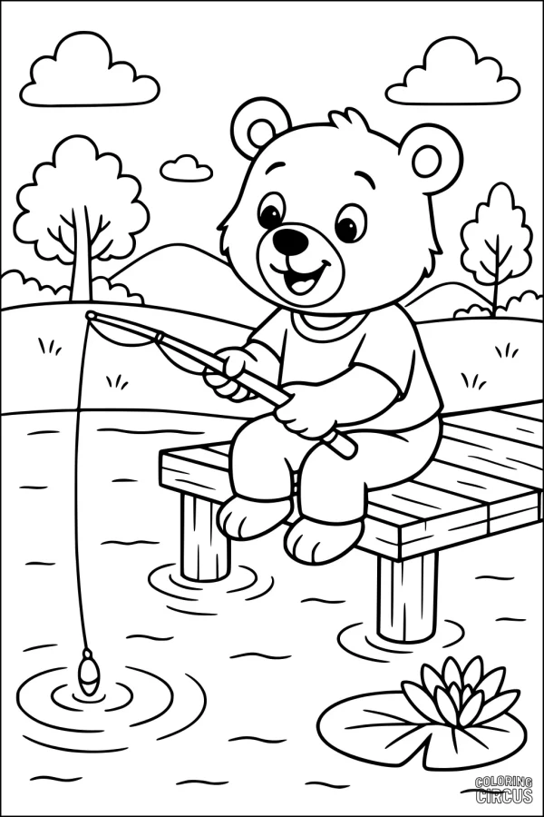 Coloring page featuring a cute bear fishing on a dock by a pond with trees and clouds in the background.