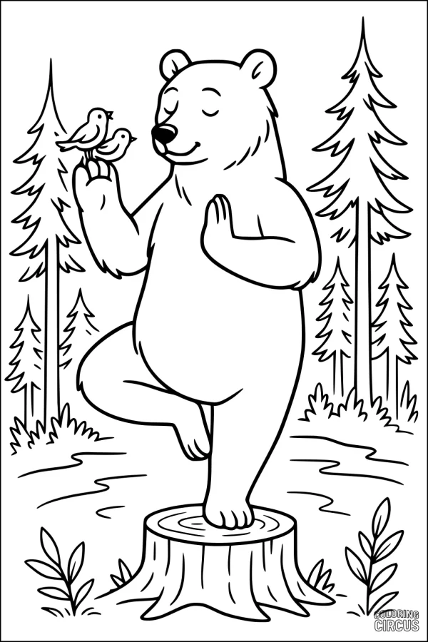 Coloring page featuring a bear balancing on a tree stump with two birds on its paw, surrounded by pine trees