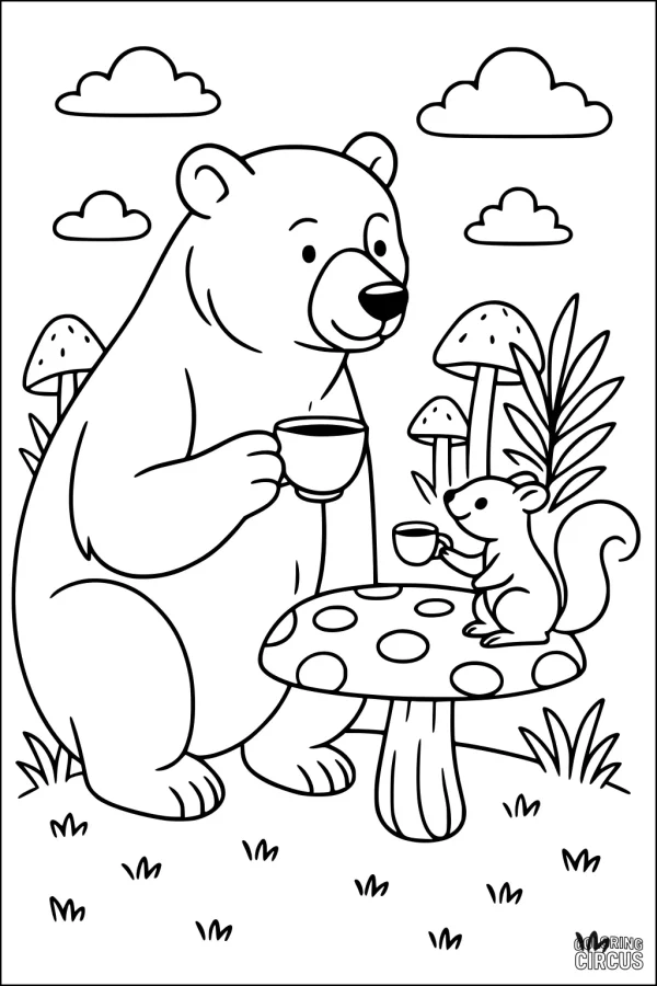 Coloring page featuring a friendly bear and squirrel enjoying tea at a mushroom table in a forest setting