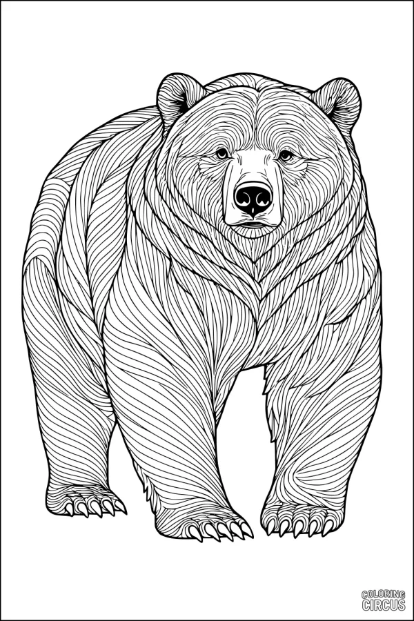 Coloring page featuring a detailed bear with flowing fur lines