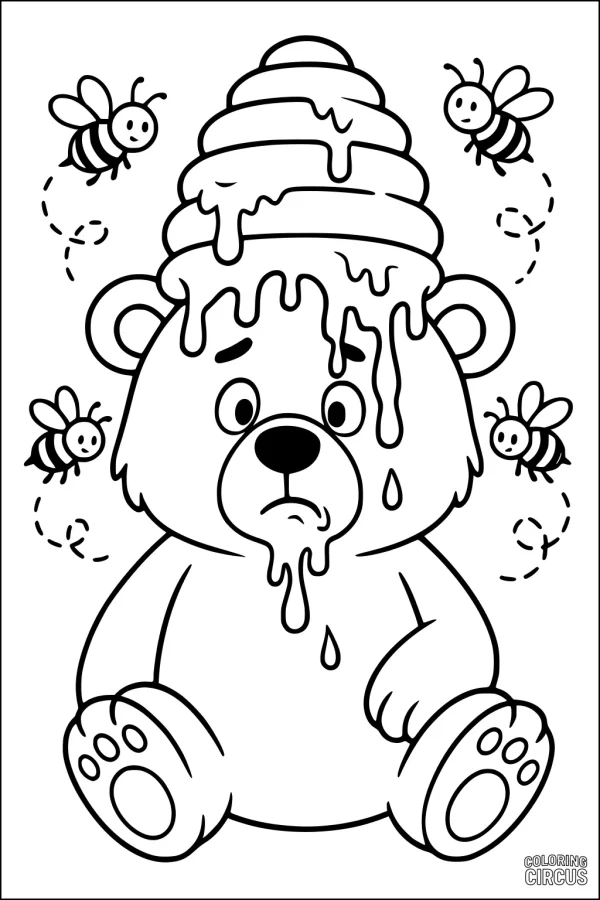 Coloring page showing a cute bear with honey dripping on its head and surrounded by friendly bees