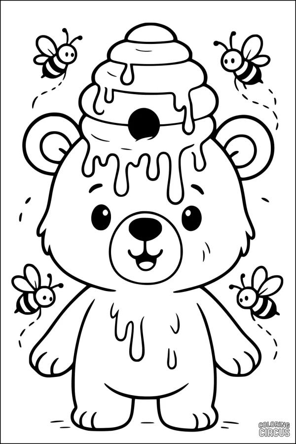 Coloring page featuring a cute bear with honey dripping and bees around, perfect for young kids