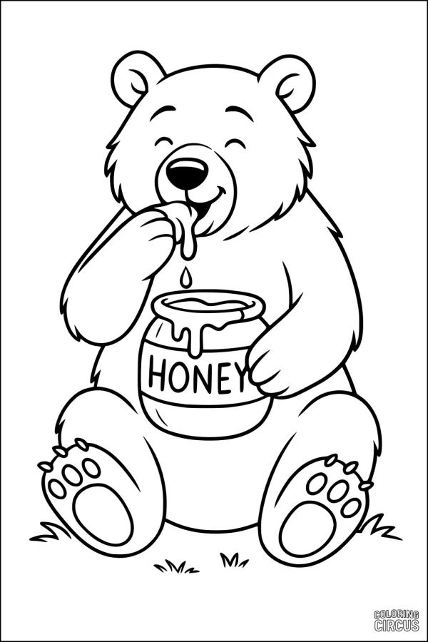 Coloring page of happy bear eating honey from a jar on grass