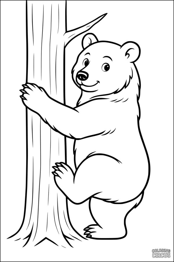 Coloring page illustration of a friendly bear climbing a tree for kids