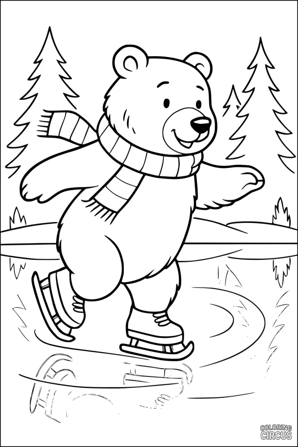 Coloring page of a cartoon bear ice skating with scarf and pine trees in the background