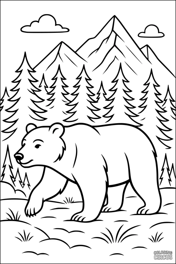 Coloring page featuring a bear walking through a pine forest with mountains and clouds in the background