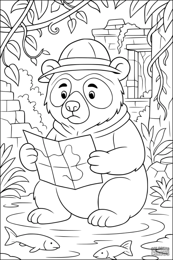 Coloring page featuring a cartoon bear studying a map in a jungle with ruins and fish