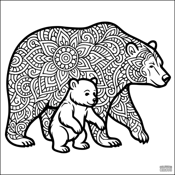 Coloring page featuring a detailed mandala-style mama bear and her cub