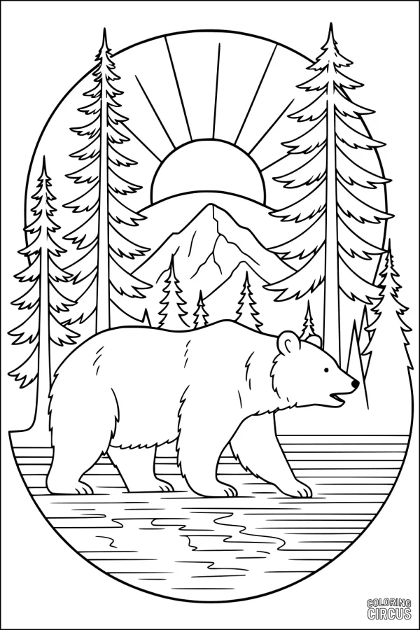 Coloring page bear walking by river in forest with sunrise and mountains
