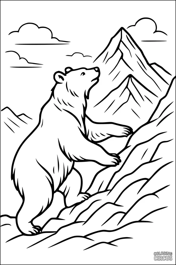 Coloring page featuring a bear climbing up a rocky mountain with clouds and mountain peaks in the background